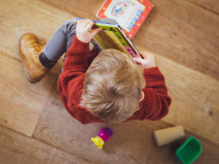 Toddler reading a picture book on the floor