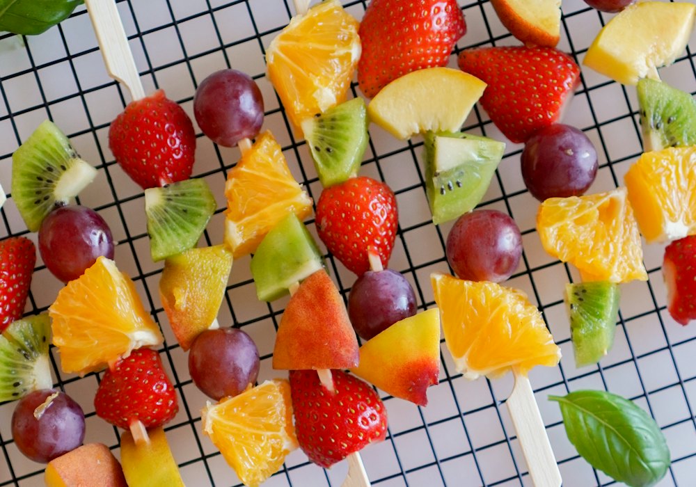 Colorful fresh fruit skewers